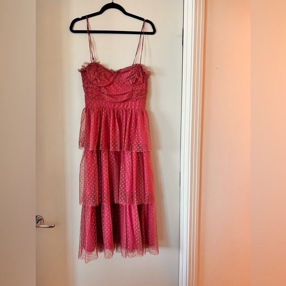 sweetheart style mauve polka dot bustier tiered midi dress Lulus Sweetheart Style Mauve Polka Dot Bustier Tiered Midi Dress